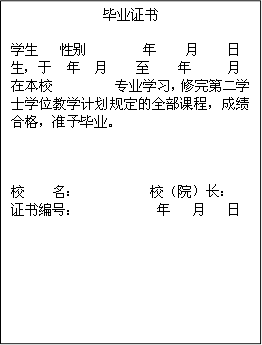 毕业证书学生 性别 年 月 日生，于 年 月 至 年 月在本校 专业学习，修完第二学士学位教学计划规定的全部课程，成绩合格，准予毕业。校 名： 校（院）长：证书编号： 年 月 日