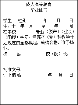 成人高等教育毕业证书学生 性别 年 月 日生，于 年 月 至 年 月在本校 专业（脱产）（业余）（函授）学习，修完本（专）科教学计划规定的全部课程，成绩合格，准予毕业。校 名： 校（院）长：批准文号：证书编号： 年 月 日