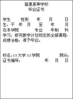 普通高等学校毕业证书学生 性别 年 月 日生，于 年 月 至 年 月在本学院 专业 年制 科学习，修完教学计划规定的全部课程，成绩合格，准予毕业。校名：XX大学XX学院 院长：证书编号： 年 月 日