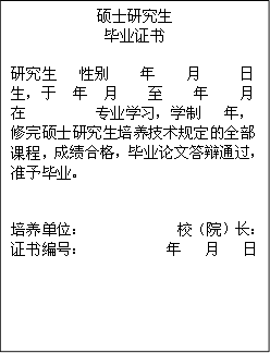 硕士研究生毕业证书研究生 性别 年 月 日生，于 年 月 至 年 月在 专业学习，学制 年，修完硕士研究生培养技术规定的全部课程，成绩合格，毕业论文答辩通过，准予毕业。培养单位： 校（院）长：证书编号： 年 月 日