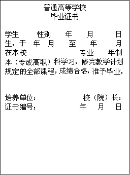 普通高等学校毕业证书学生 性别 年 月 日生，于 年 月 至 年 月在本校 专业 年制本（专或高职）科学习，修完教学计划规定的全部课程，成绩合格，准予毕业。培养单位： 校（院）长：证书编号： 年 月 日