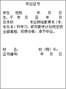 毕业证书学生 性别 年 月 日生，于 年 月 至 年 月在本校 专业网络教育本（专、专升本）科学习，修完教学计划规定的全部课程，成绩合格，准予毕业。校 名： 校（院）长：证书编号： 年 月 日